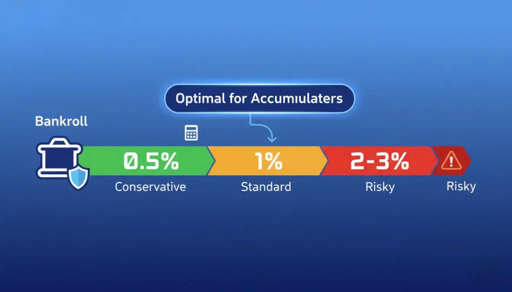 Bankroll management chart showing recommended stake percentages for accumulator betting from conservative to risky approaches