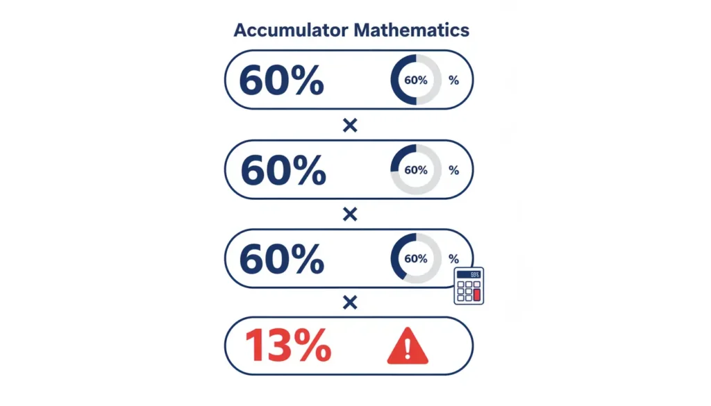 Mathematical breakdown of accumulator probability showing how four 60% selections multiply to create only 13% final win probability