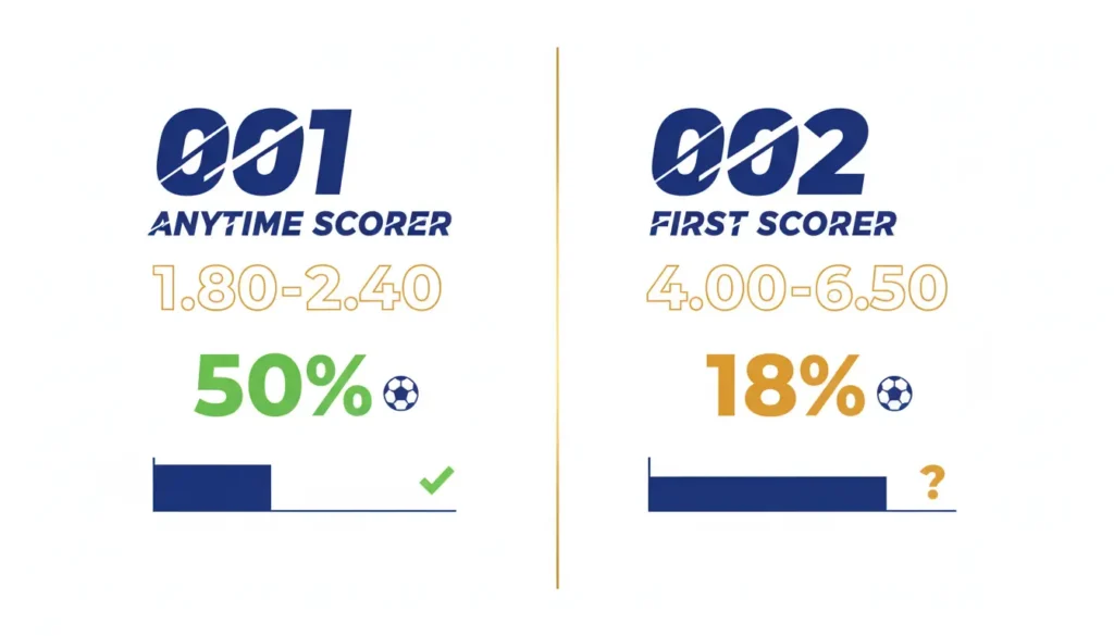 Betting markets comparison chart showing Cole Palmer anytime scorer odds 1.80-2.40 with 50% success rate versus first scorer odds 4.00-6.50 with 18% success rate