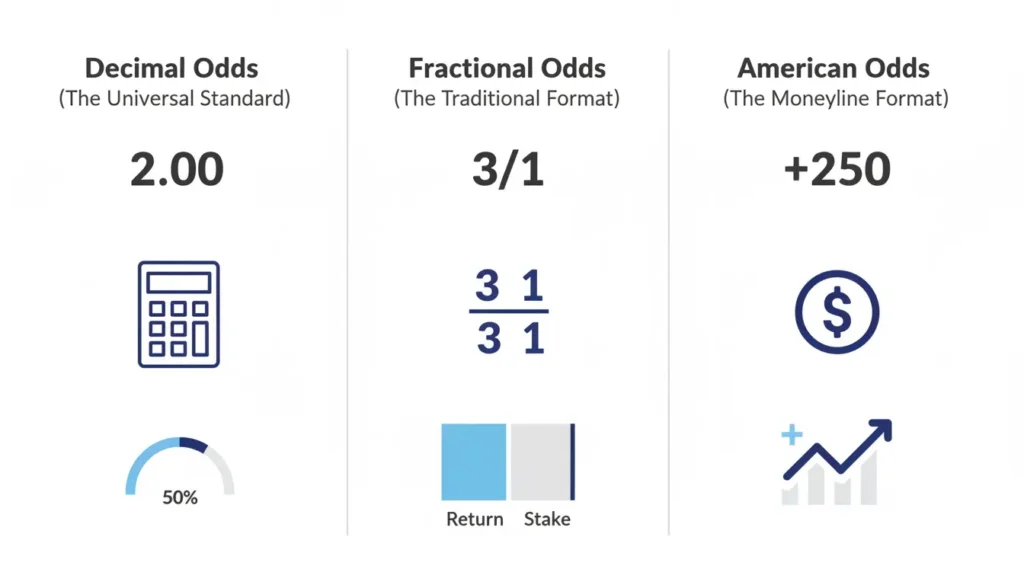 Comparison of betting odds formats showing decimal, fractional and American odds types