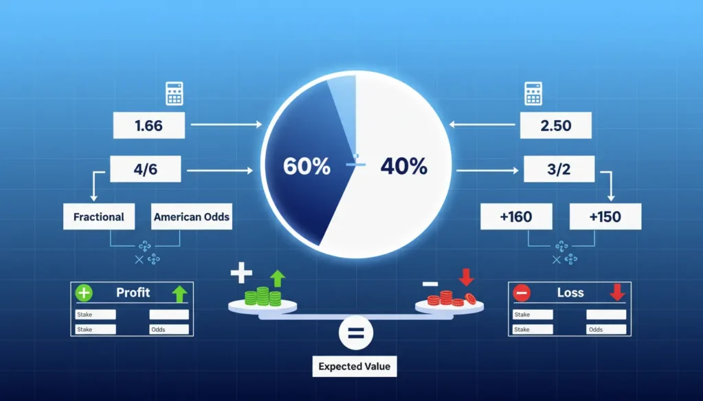 Mathematical visualization of betting odds probability calculations and expected value formulas