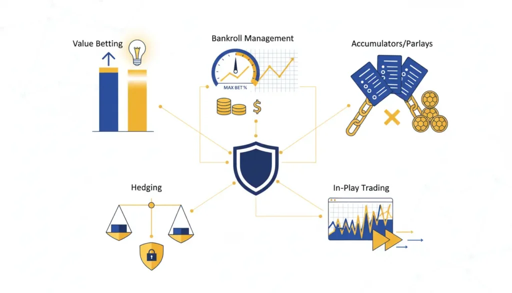 Modern betting strategy infographic with Chelsea FC blue and gold colors showing statistical analysis and charts