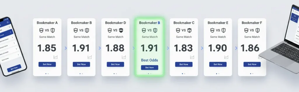 Multiple bookmaker platforms comparison showing different odds for Chelsea betting markets
