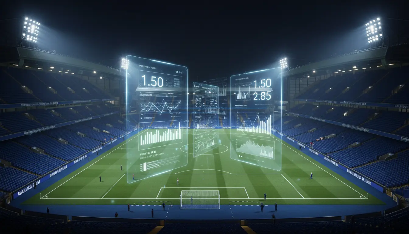 Chelsea Stamford Bridge stadium with betting analytics data visualization overlay