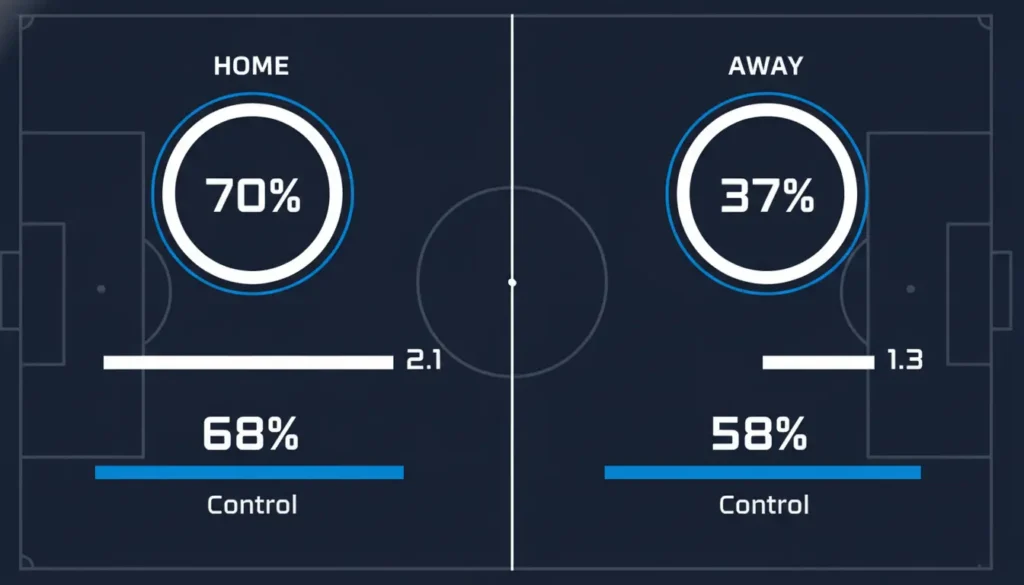 Chelsea home versus away statistics infographic showing win percentages goals scored and possession data comparison