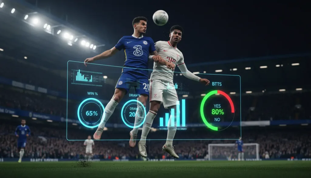 Chelsea players competing in intense Premier League match against top-six opponent with statistical overlays