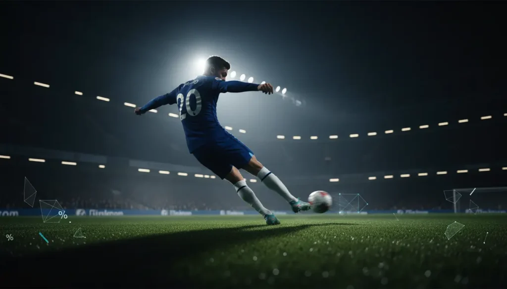 Chelsea football player in blue jersey number 20 performing dynamic shooting action at Stamford Bridge