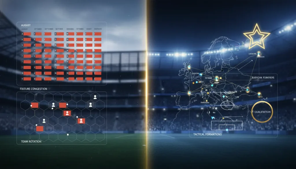 Split-screen comparison of Premier League and Champions League competitions showing fixture schedules and tactical formations