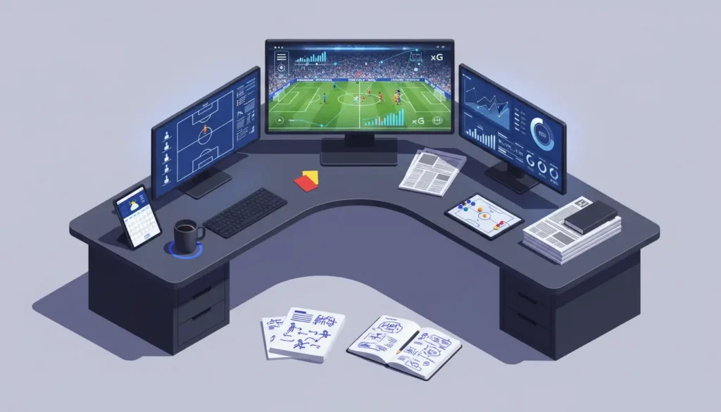 Sports analyst workspace with multiple monitors showing tactical analysis, team formations and match statistics