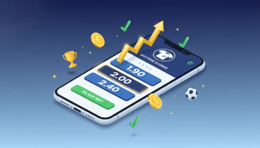 Professional betting strategy illustration showing smartphone betting app with Cole Palmer anytime scorer market and winning bet indicators