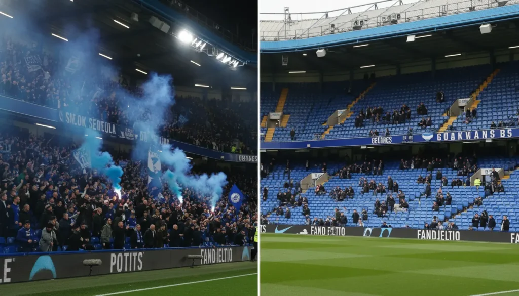 Split screen comparison of Stamford Bridge packed stadium atmosphere versus empty quiet daytime match conditions