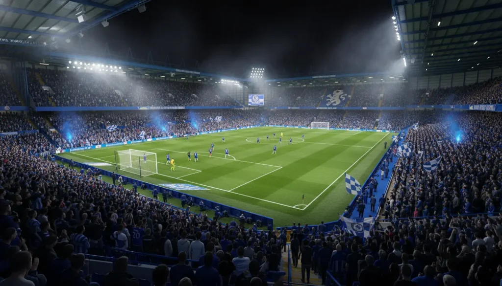Stamford Bridge pristine grass pitch in perfect condition with stripe patterns during golden hour lighting