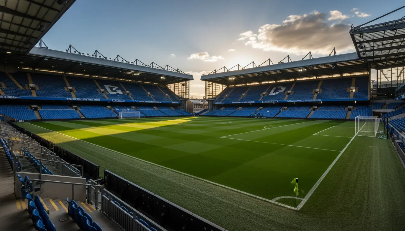Stamford Bridge stadium packed with Chelsea fans during night home match with electric atmosphere and floodlights