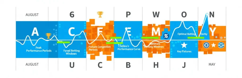 Football season timeline calendar showing Chelsea fixture schedule with performance zones and betting windows