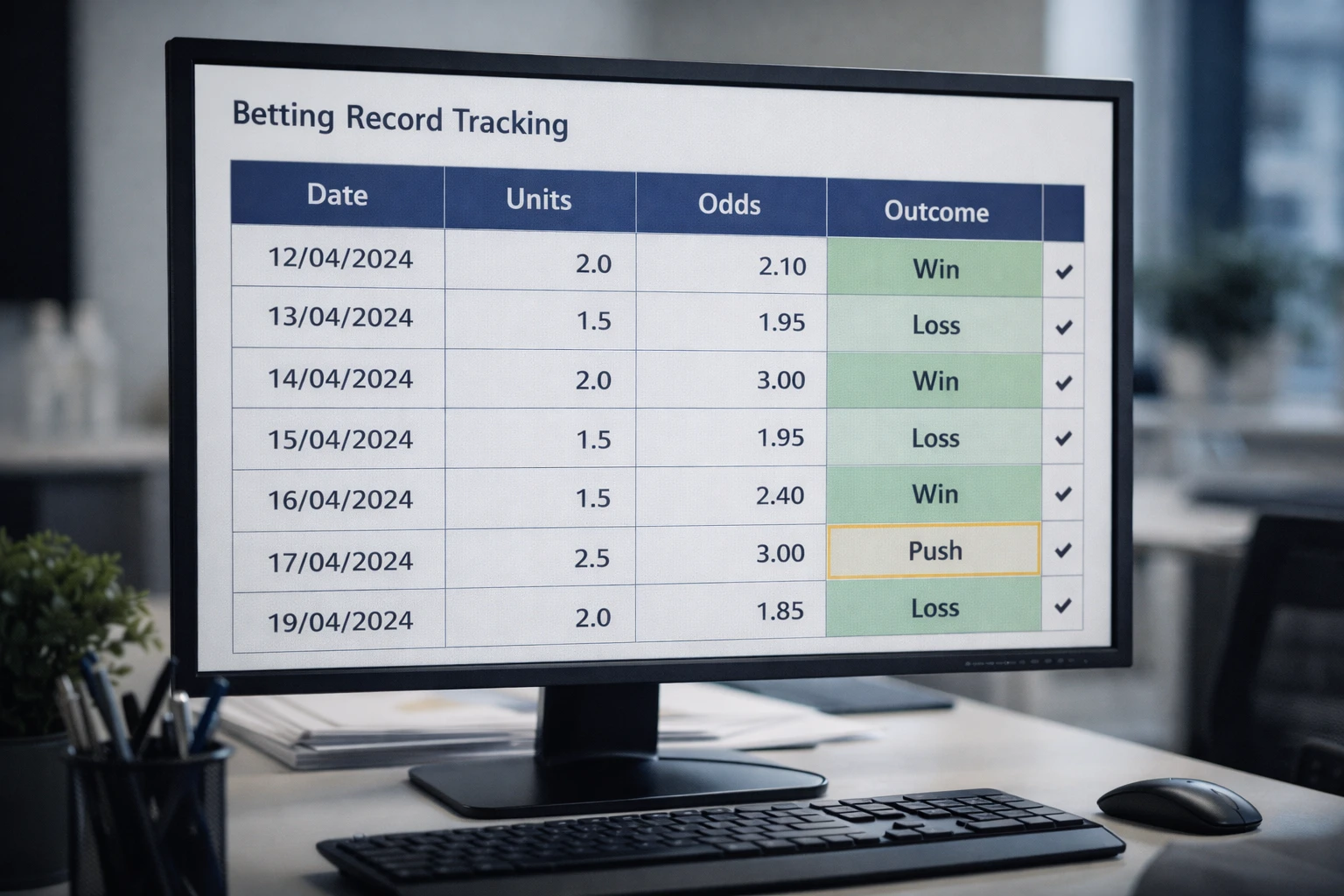 Spreadsheet on computer screen showing betting records and unit tracking