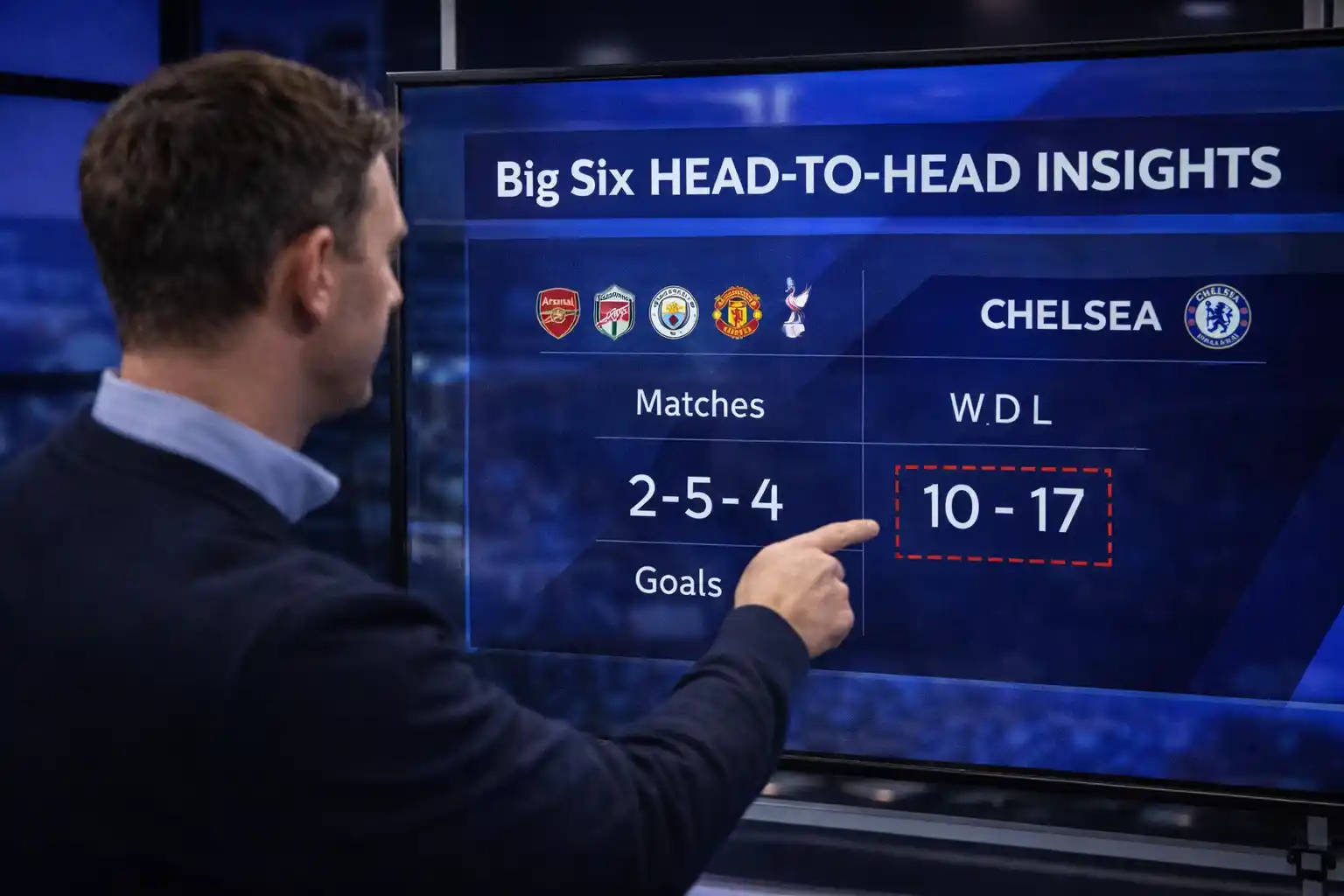 Football pundit analyzing Big Six match statistics on a television screen