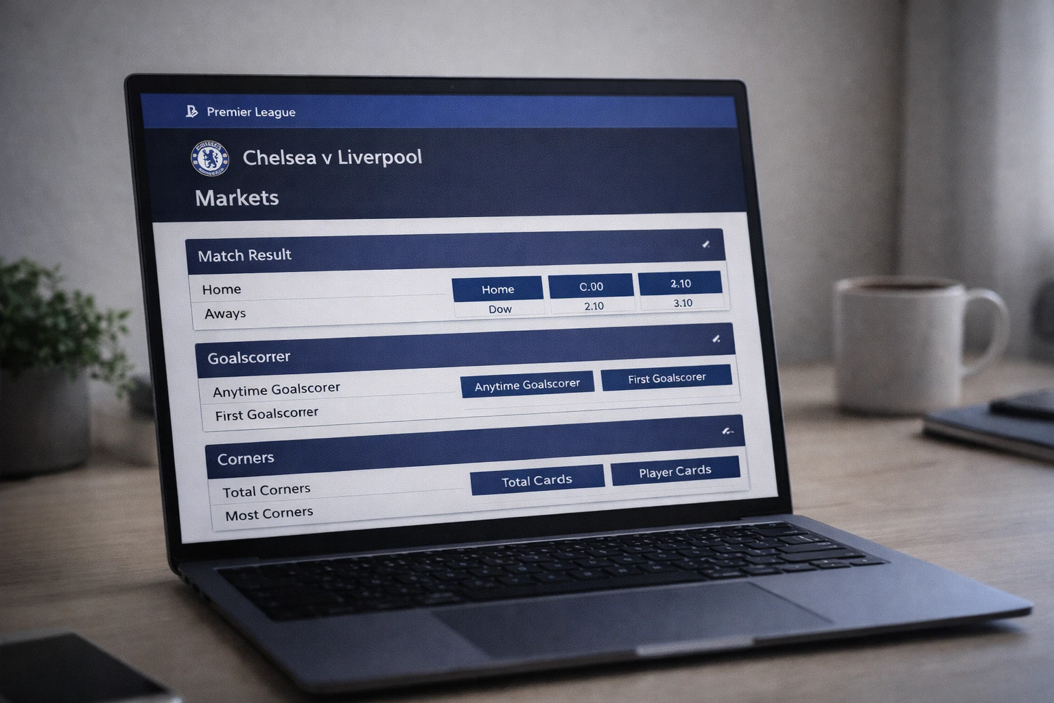 Laptop screen showing extensive betting market options for a football match