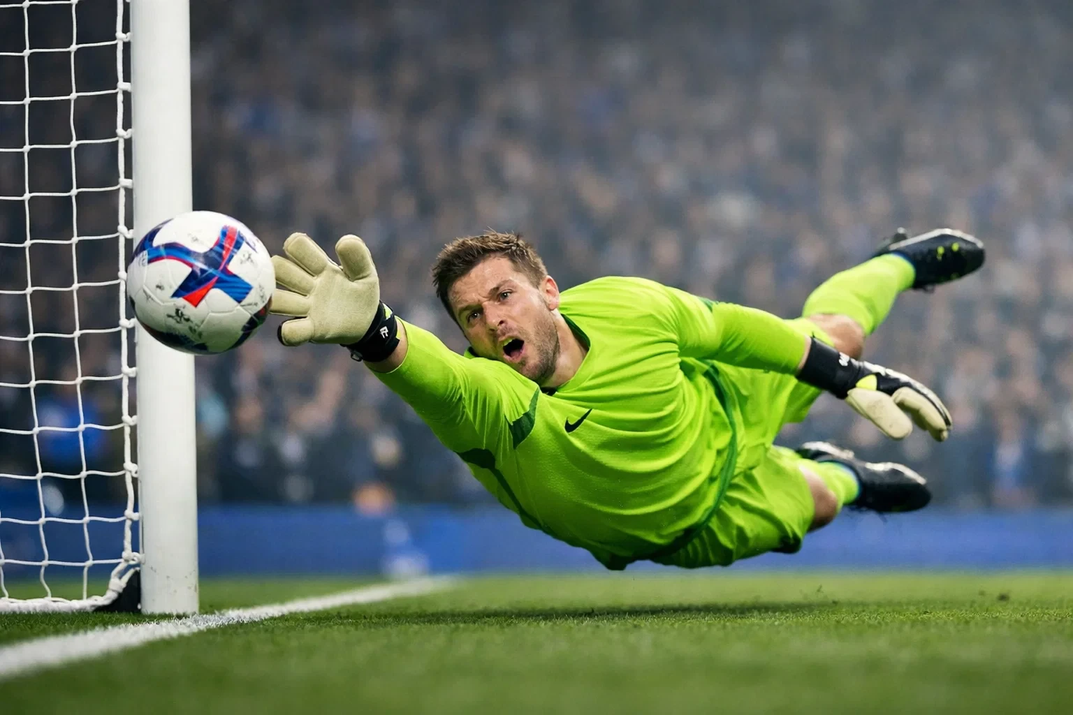 Goalkeeper diving to make a save during a Premier League match