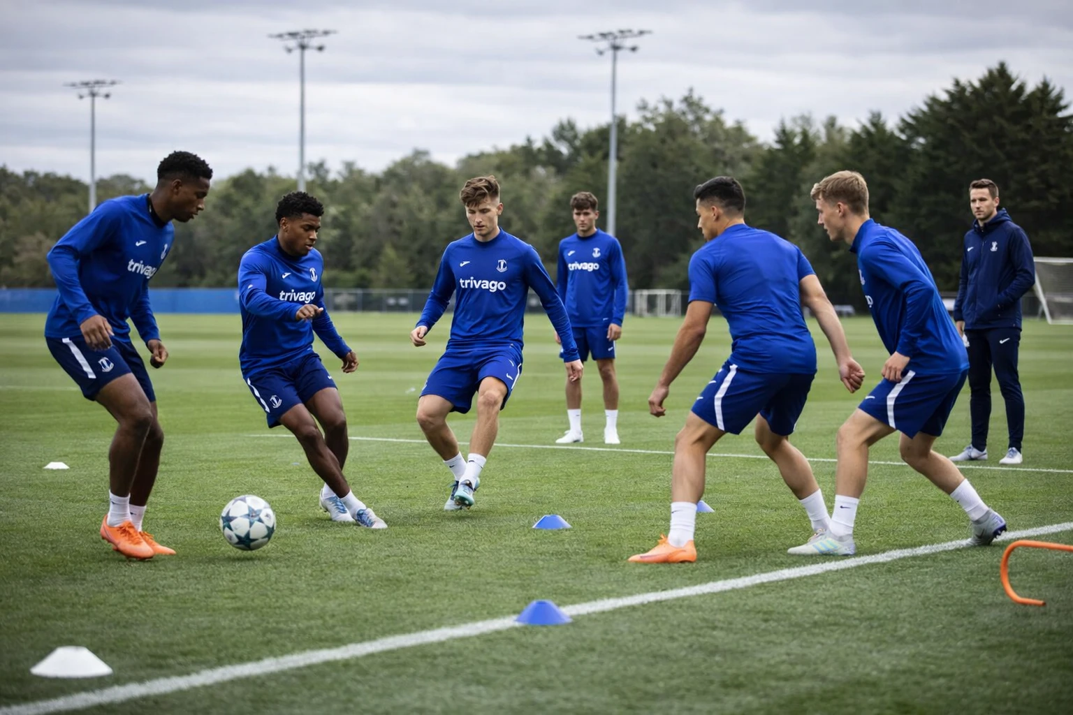 Young football players training on a practice pitch in blue training kits