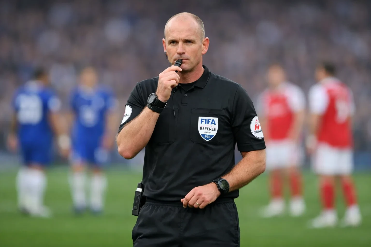 Premier League referee in black kit making a decision during a match
