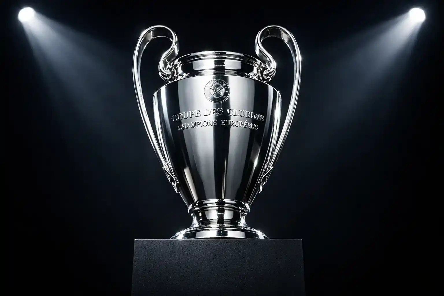 The Champions League trophy displayed on a pedestal with stadium lights in background