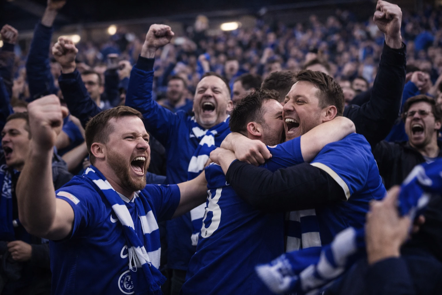 Football supporters cheering ecstatically after a late comeback goal