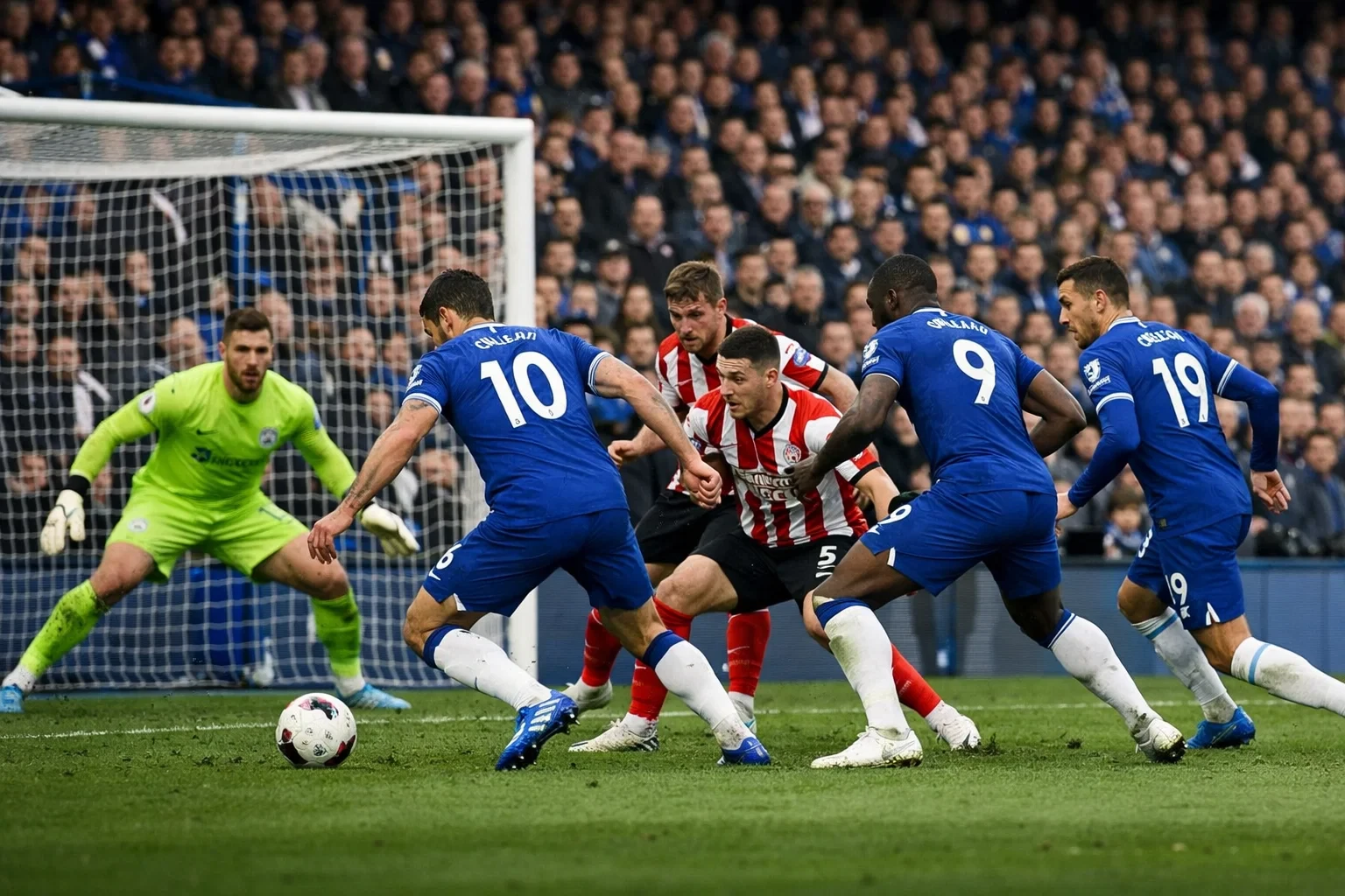 Football team attacking toward goal with multiple players in the penalty area