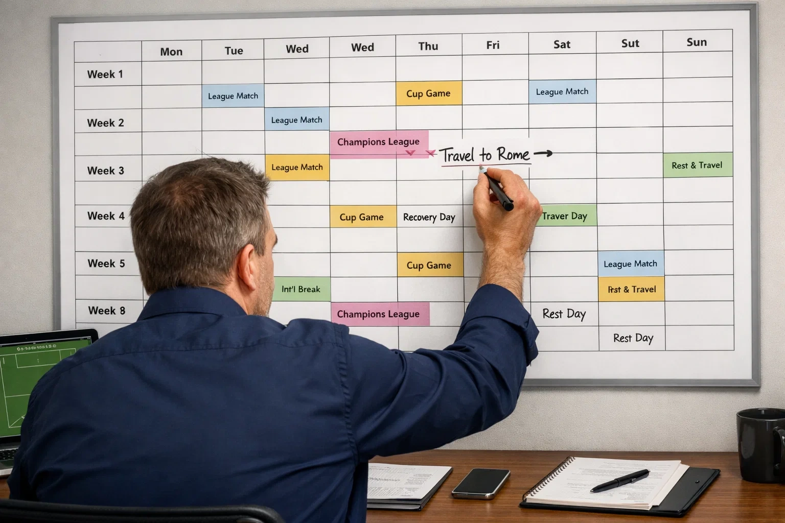 Sports planner reviewing a fixture calendar with multiple competition schedules marked