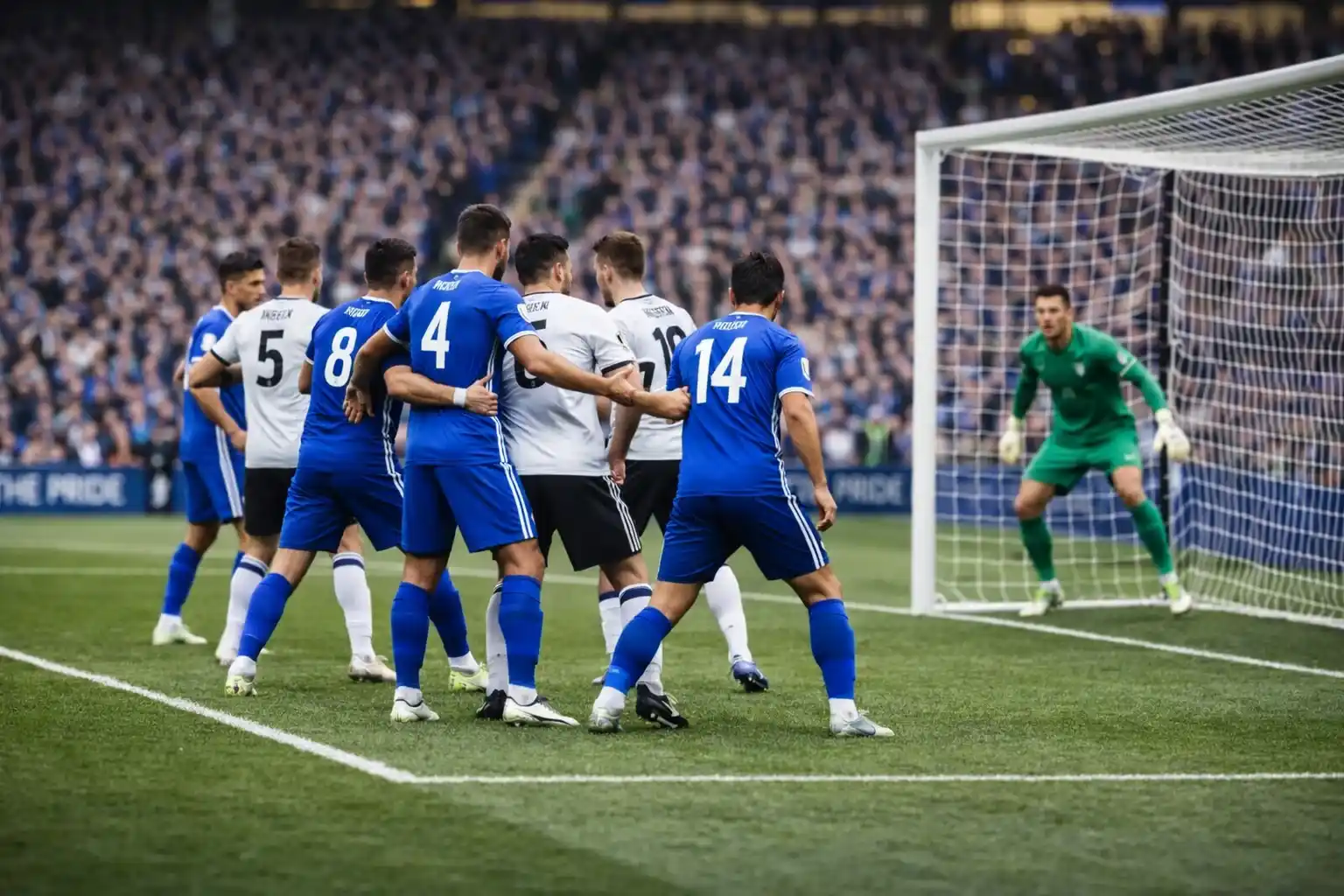 Players gathering in the penalty area awaiting a corner kick delivery