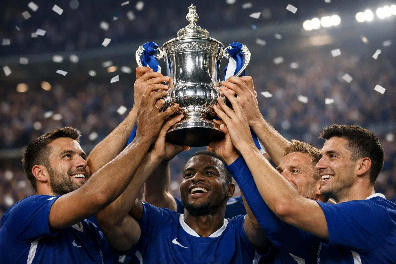 Football team celebrating with a trophy, players lifting the cup together