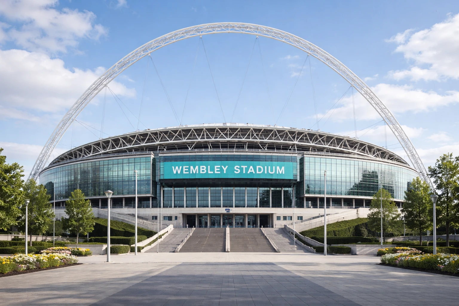 Wembley Stadium exterior with the iconic arch visible against blue sky