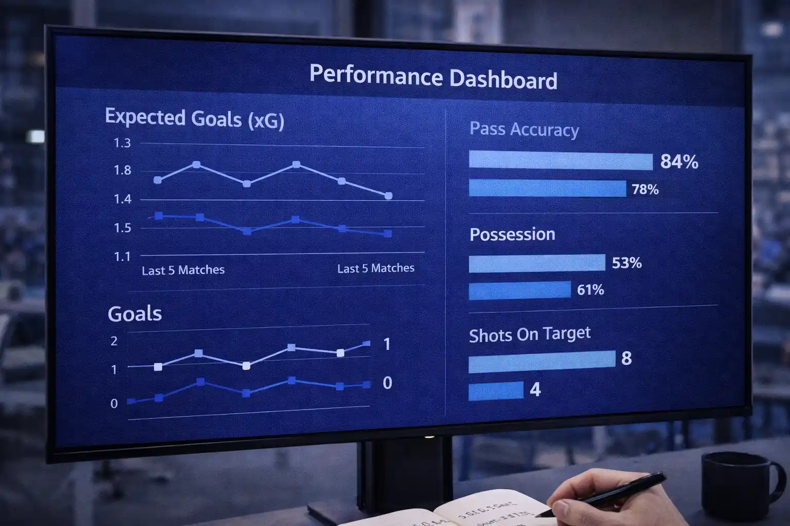 Sports performance dashboard displaying team statistics and trend graphs