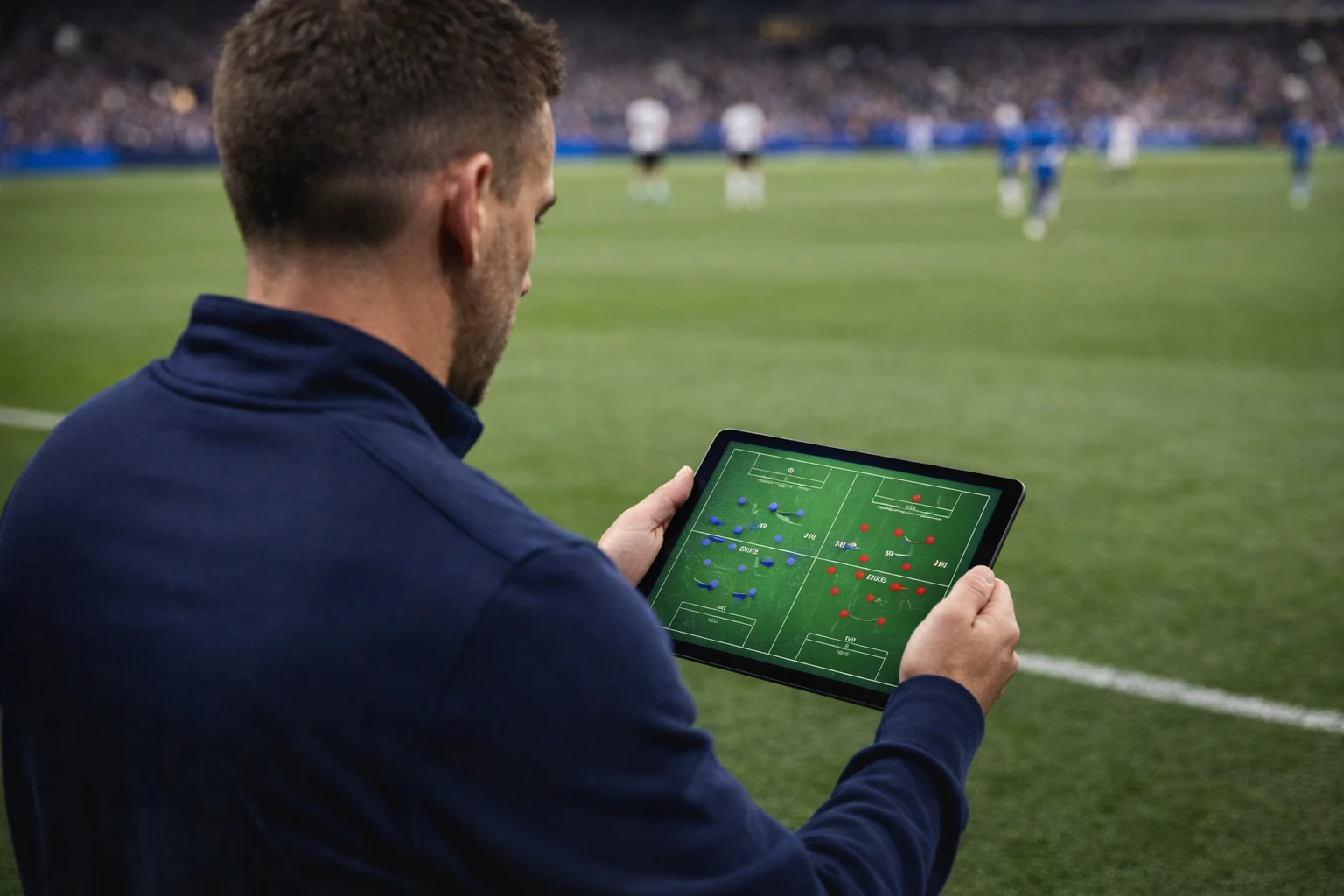Football manager analyzing tactical information on a touchline display board