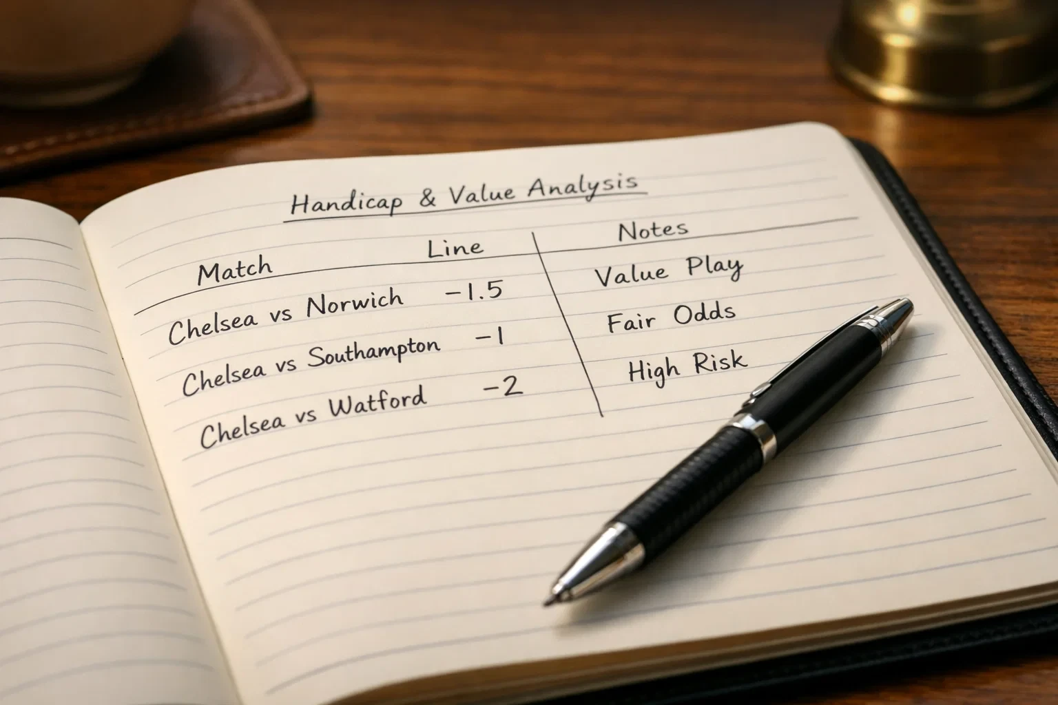 Close-up of a notebook with handwritten betting analysis notes and a pen