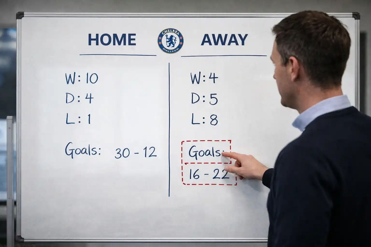 Sports analyst comparing home and away statistics on a whiteboard