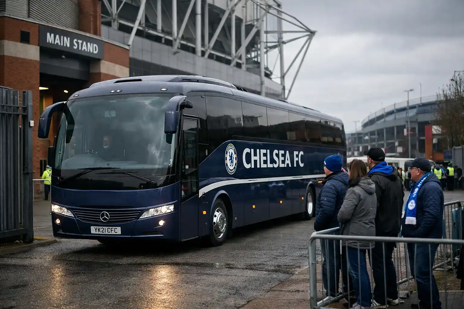 Football team bus arriving at an away stadium for a Premier League match