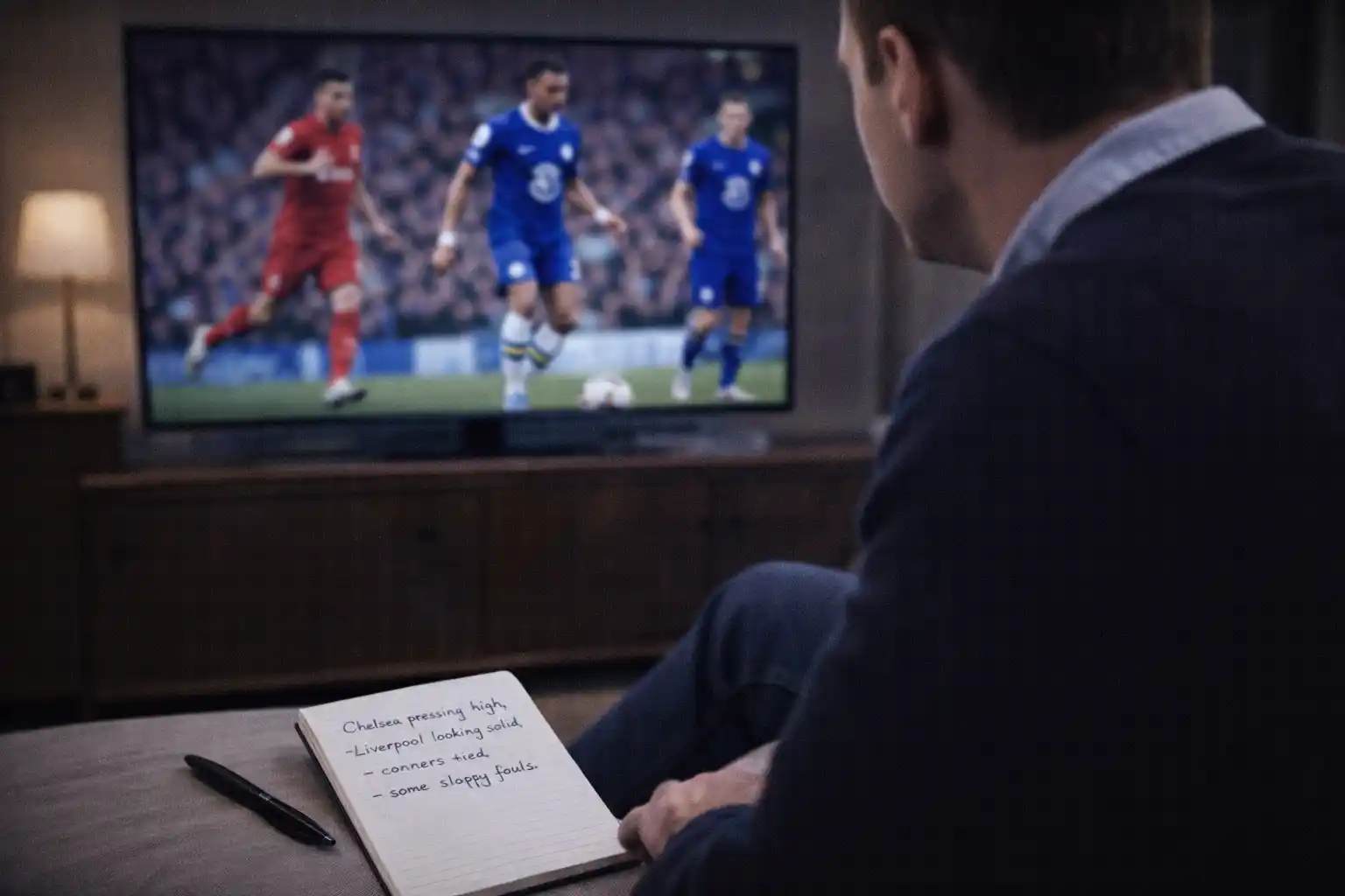 Focused viewer watching a football match on screen with notepad for observations