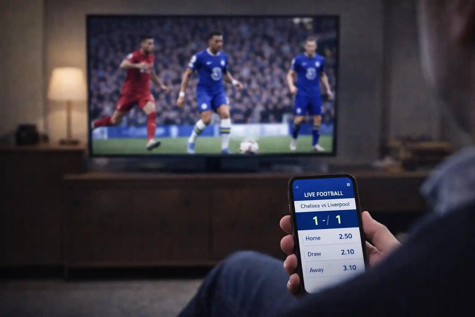 Person watching football on television while checking live odds on a mobile phone