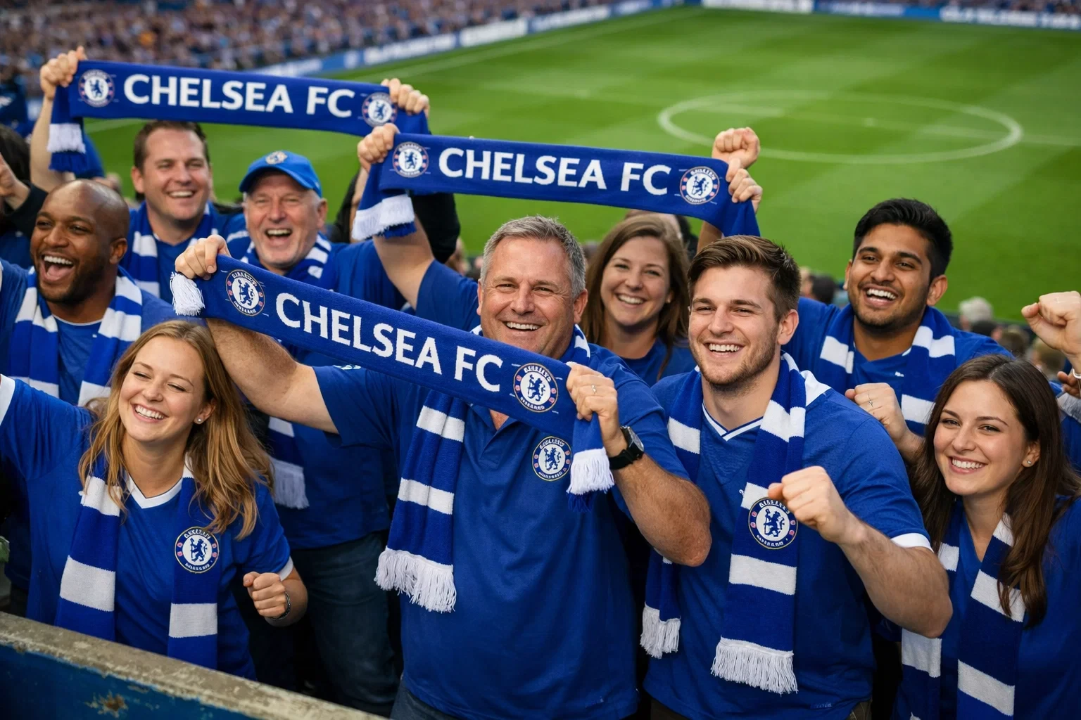 Football supporters in blue celebrating in stadium stands