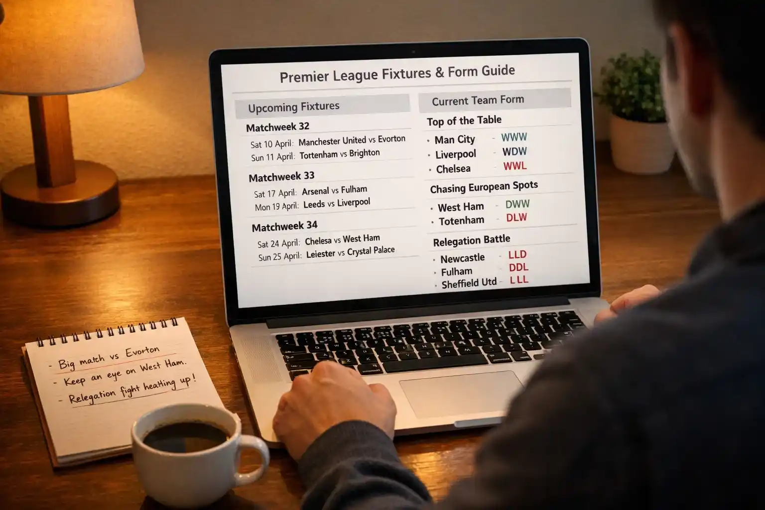 Person reviewing Premier League fixture list and form guide on a laptop
