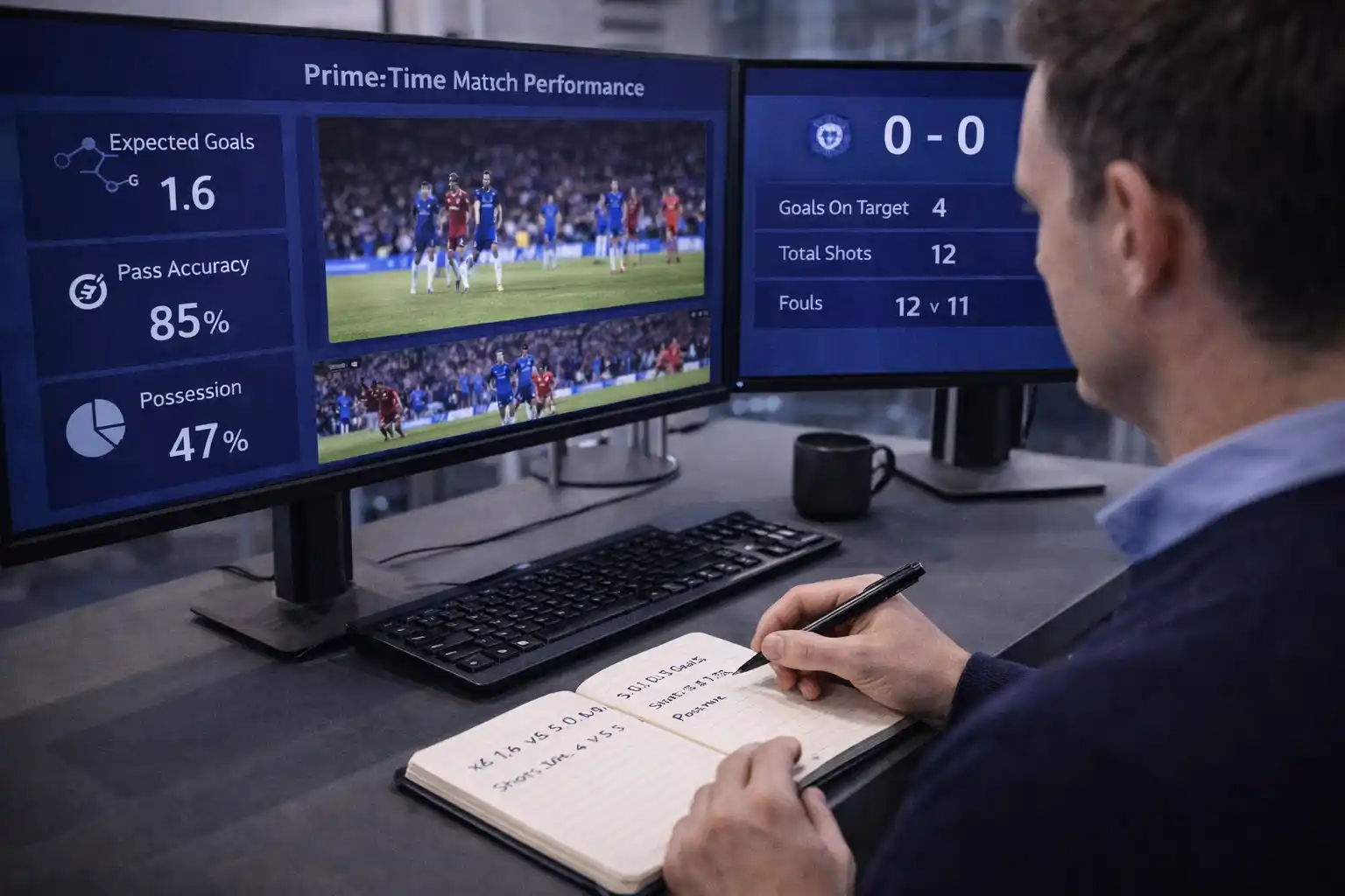 Sports analyst reviewing televised match performance data on multiple screens