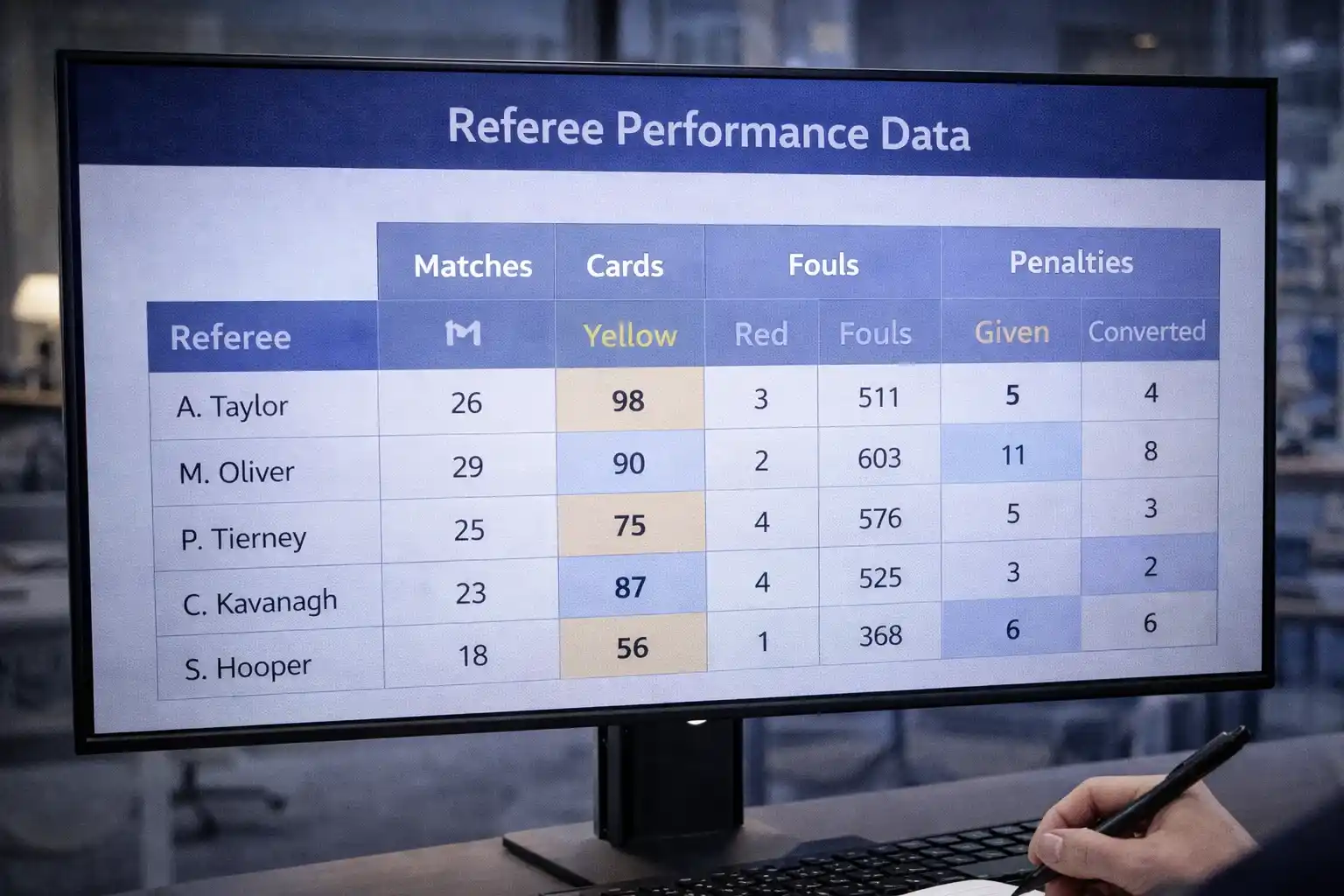 Spreadsheet displaying referee statistics and match officiating data