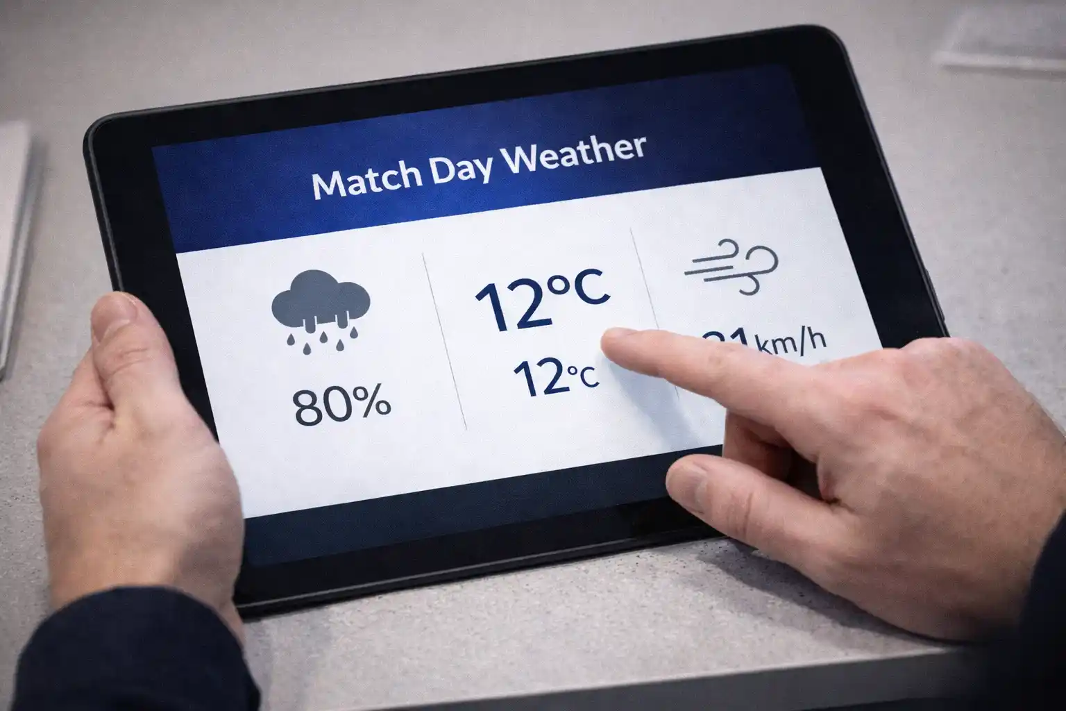 Weather forecast display showing rain and temperature predictions for a match day