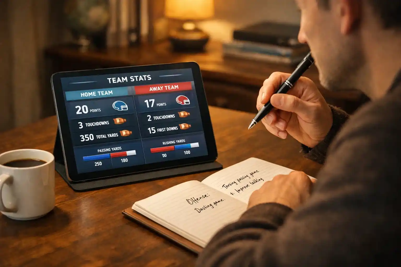 Person taking notes while reviewing football statistics on a tablet