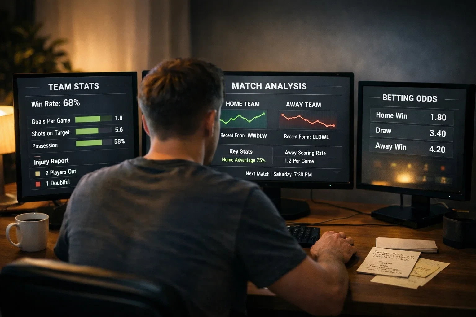 Person analyzing football match data on multiple screens showing player performance metrics