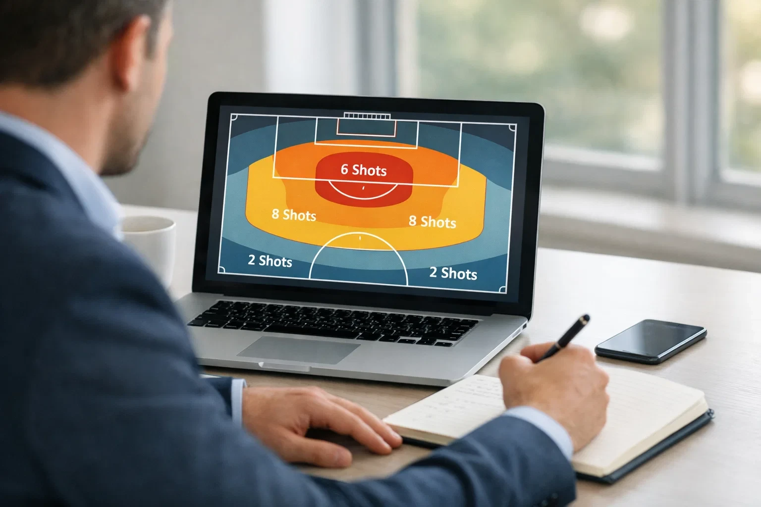 Football analyst reviewing shot statistics on a laptop screen