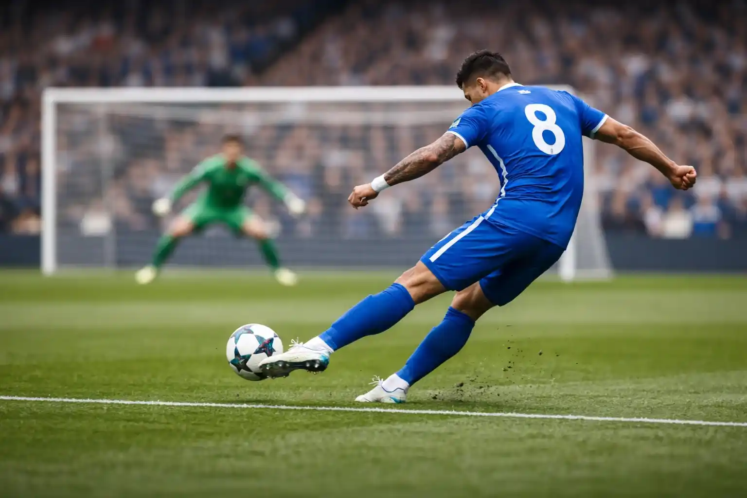 Midfielder striking the ball from the edge of the penalty area during a match