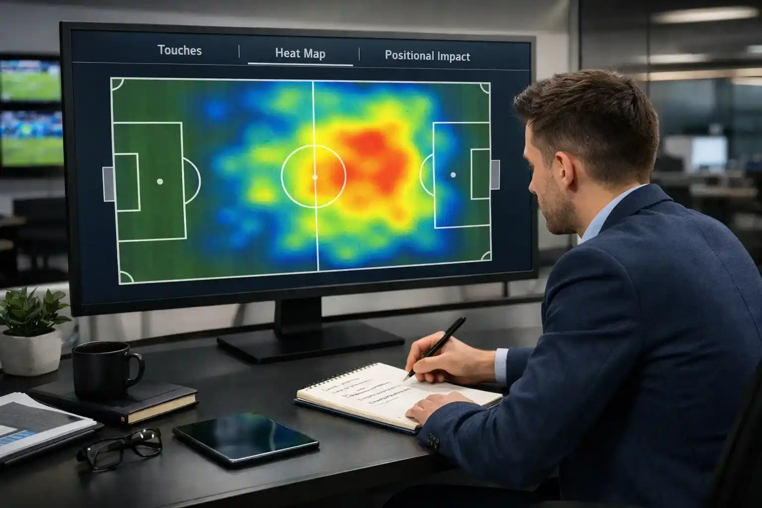 Football analyst studying player heat maps and positional data on a computer screen