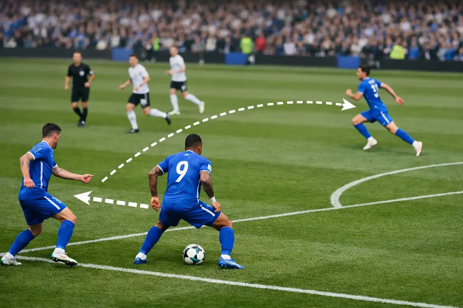 Football striker dropping deep to receive the ball and link up play with midfielders