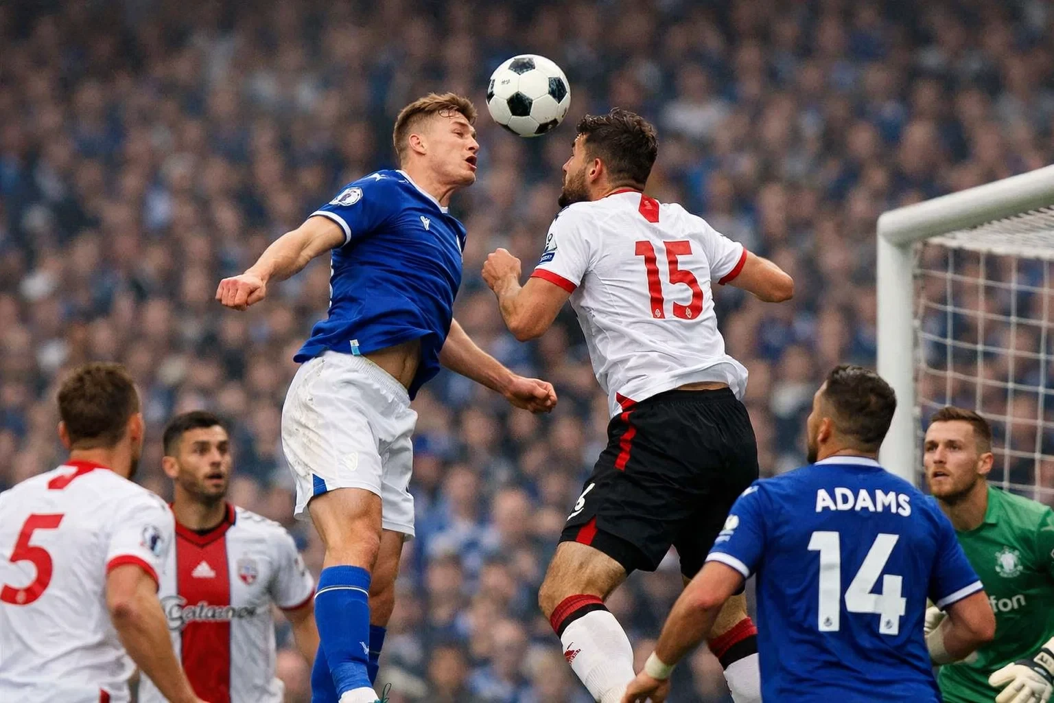 Striker winning an aerial duel against a defender during a corner kick